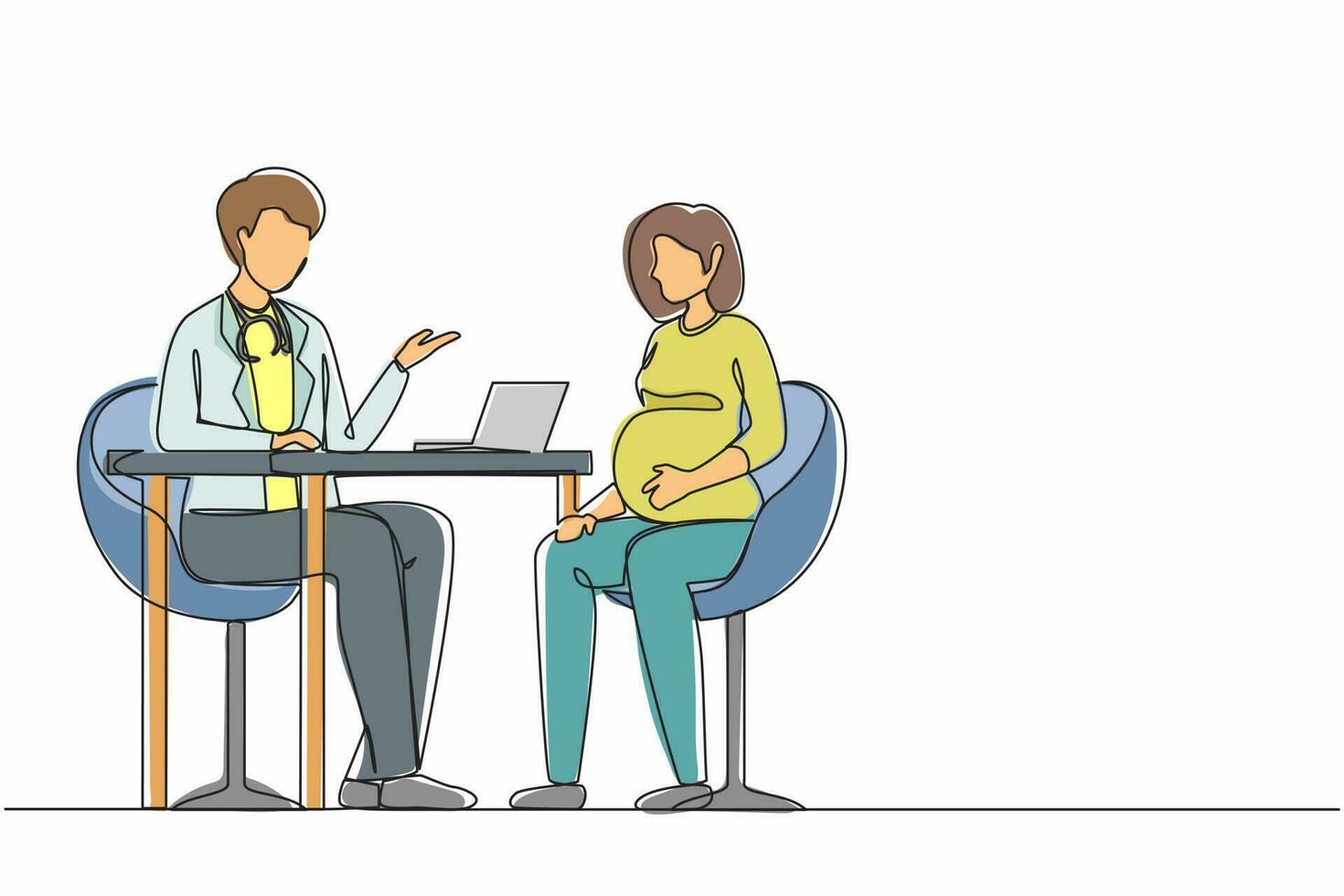 Single continuous line drawing pregnant woman on consultation with doctor. Pregnancy and maternity. Happy female character expecting for baby. Dynamic one line draw graphic design vector illustration