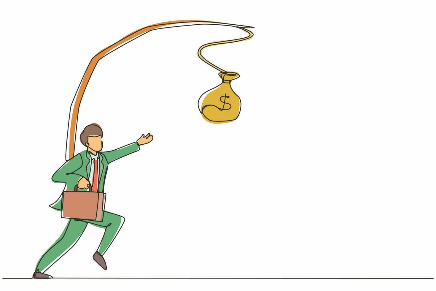 Continuous one line drawing oblivious businessman chasing bag of money. Artwork illustration depicts foolishness, stupidity, unawareness, and decoy. Single line draw design vector graphic illustration