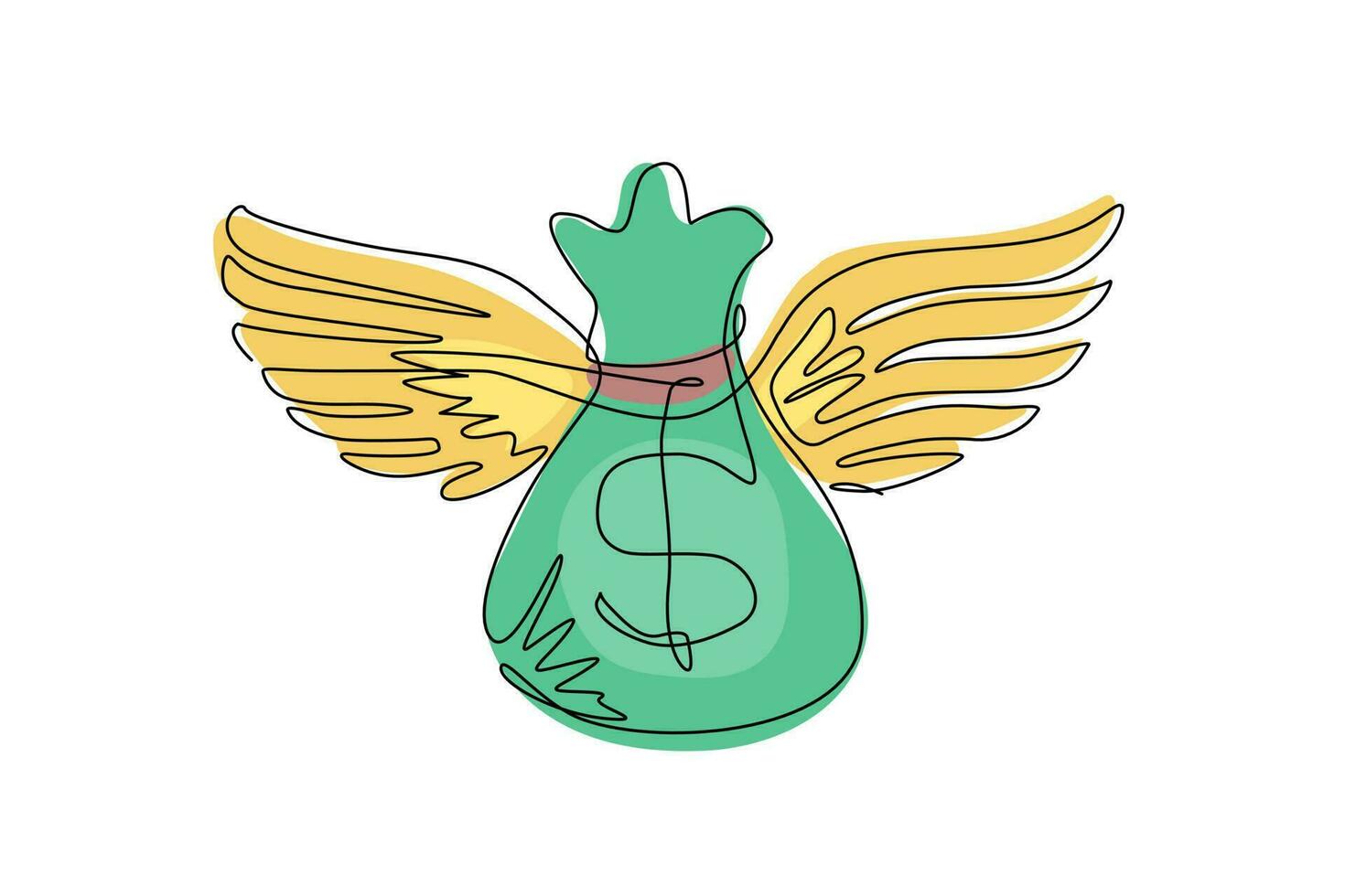 bolsa de dinero de dibujo de una sola línea volando con alas. icono de bolsa de dinero en dólares. bolsa con dinero con alas, signo de dólar, moscas y brillos. ilustración de vector gráfico de diseño de dibujo de línea continua moderna