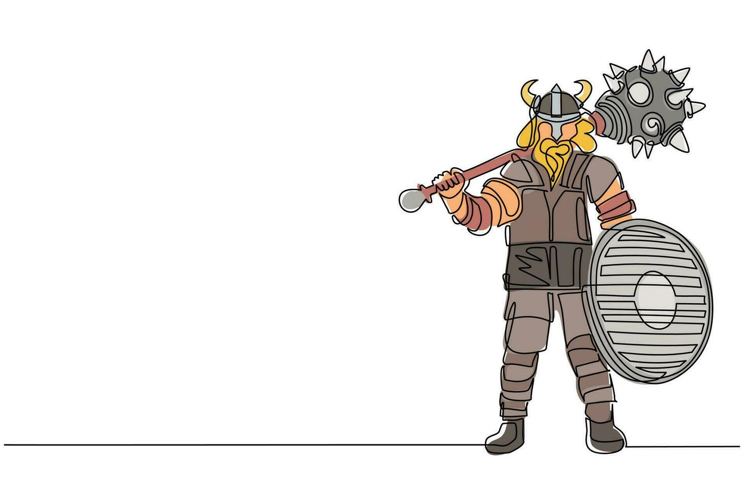 dibujo de una sola línea norseman guerrero vikingo asaltante bárbaro con casco con cuernos con barba sosteniendo maza y escudo sobre fondo blanco aislado. ilustración de vector de diseño de dibujo de línea continua