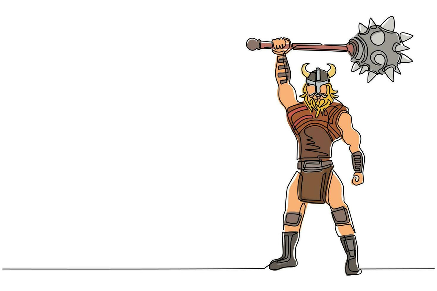Single continuous line drawing nordic man holding mace up in the air. Vector of warrior wearing viking war armor. Character from pagan and scandinavian mythology. One line draw design illustration