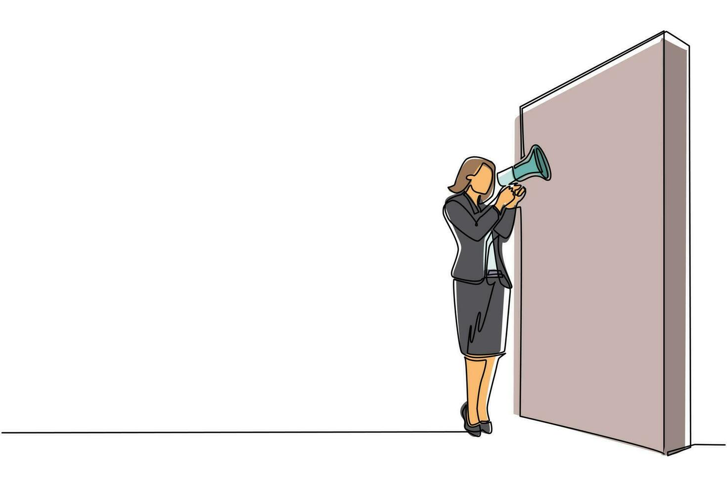 mujer de negocios de dibujo de una línea continua sosteniendo un megáfono de pie frente a la pared. mujer grita en megáfono. líder anuncia promoción de carrera. ilustración gráfica de vector de diseño de dibujo de una sola línea