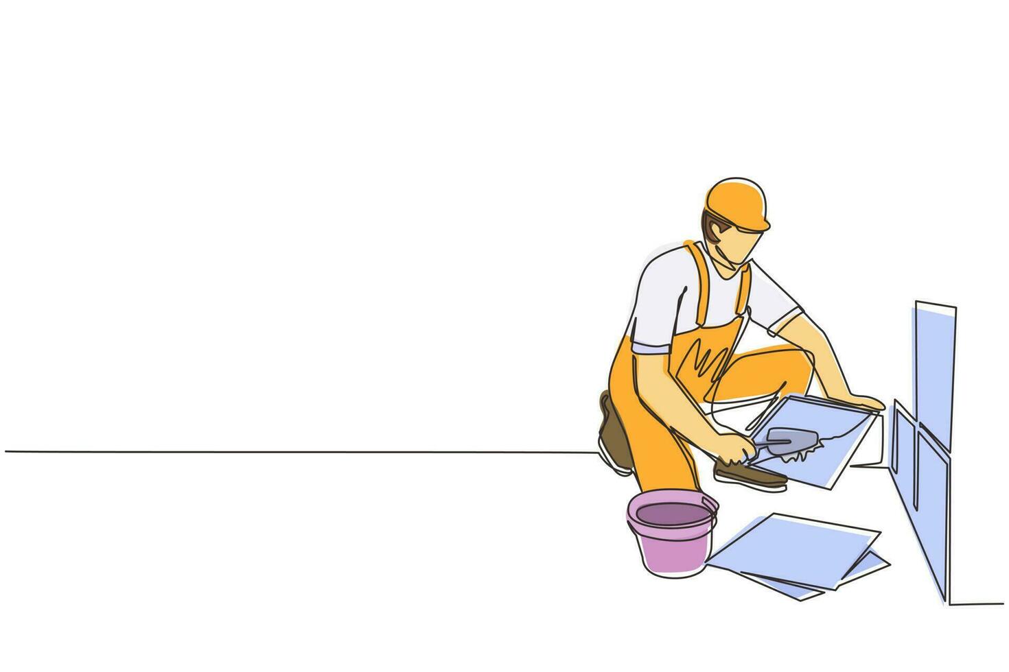 Single one line drawing repair worker laying ceramic wall tile. Professional tiler in uniform working. Repairman in overalls tiling at home. Continuous line draw design graphic vector illustration