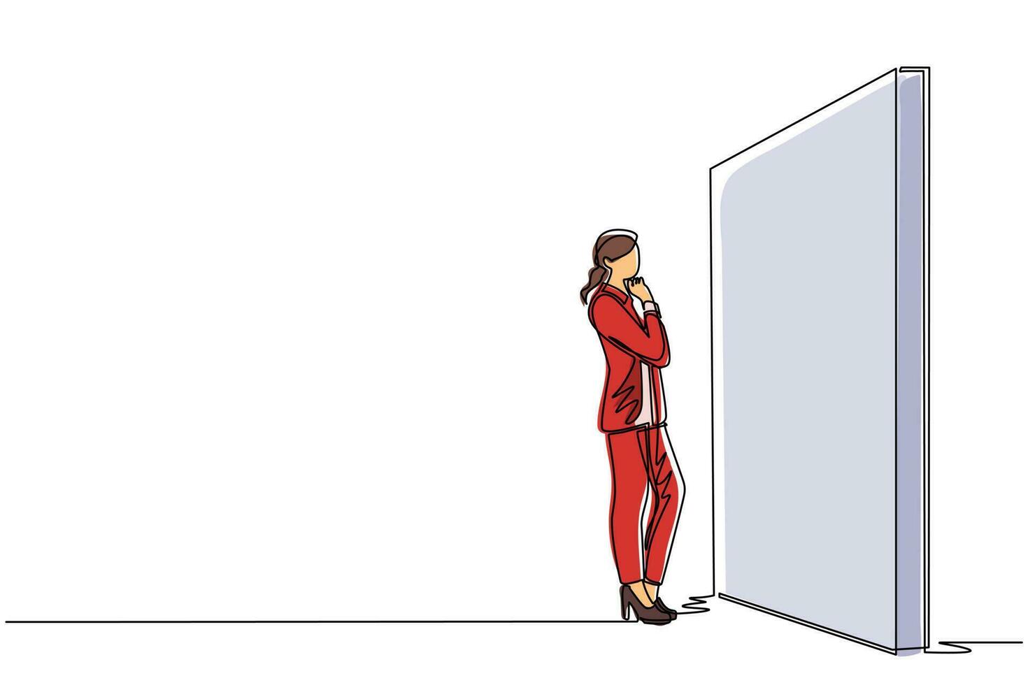 Single continuous line drawing businesswoman thinking in front of big obstacle or wall. Abstract representing risk management. Finding solution and problem solving concept. One line draw design vector