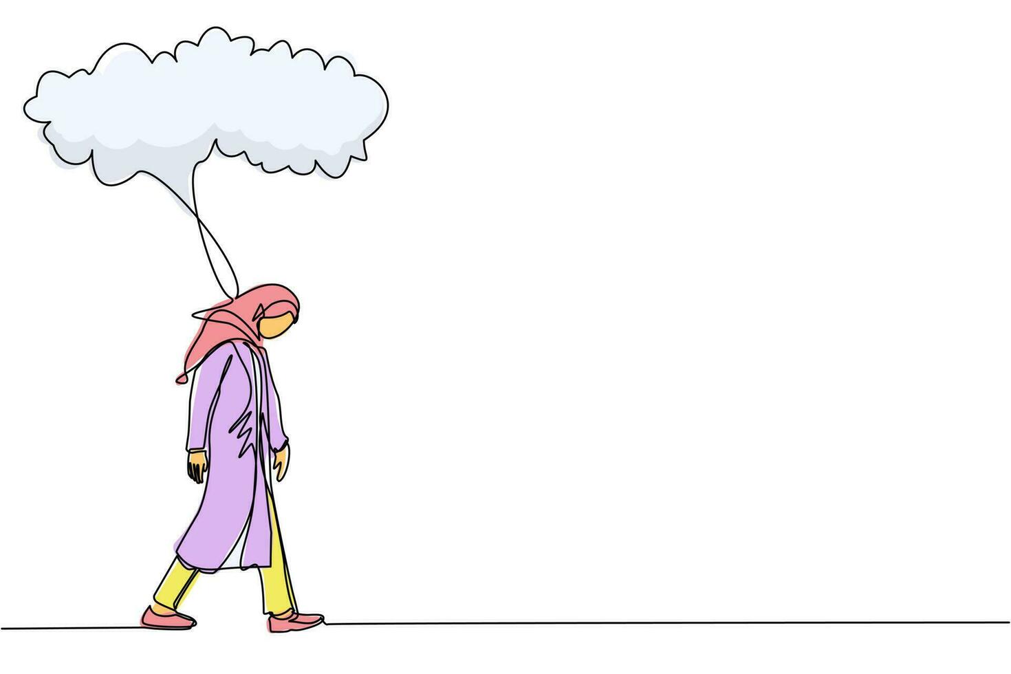 Single one line drawing unhappy depressed sad Arabic businesswoman in stress walking under rain cloud. Alone loser female depression. Loneliness in overcast weather. Continuous line draw design vector