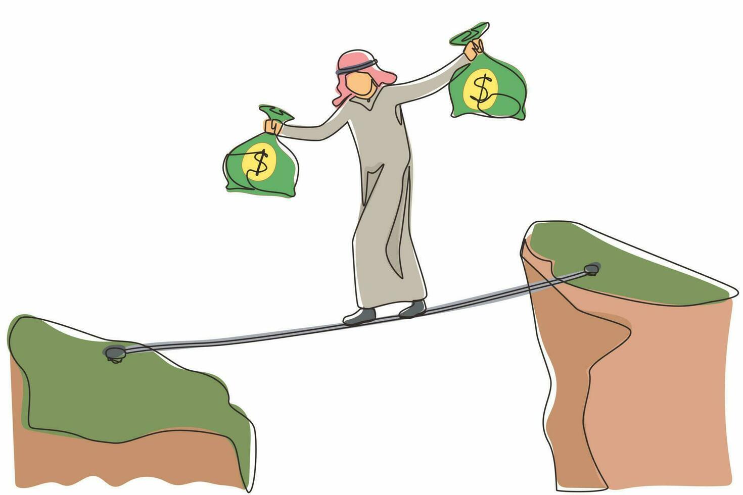 Continuous one line drawing Arabian businessman walk over cliff gap mountain carry two money bag risking dangerous. Male walking balance on rope bridge. Single line design vector graphic illustration