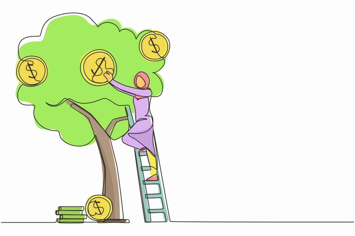 Single one line drawing Arabic businesswoman picking dollars from money tree. Money plant. Business growth, financial success concept. Investment, banking income. Continuous line design graphic vector