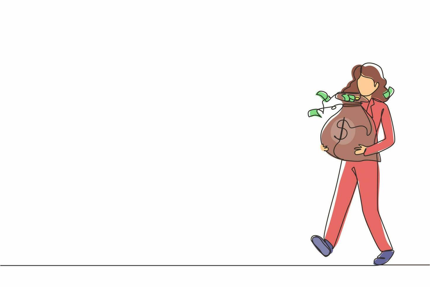 Single continuous line drawing happy businesswoman walking and carrying big heavy sack full of cash money. Green banknotes flying out of bag with dollar sign on it. One line draw graphic design vector