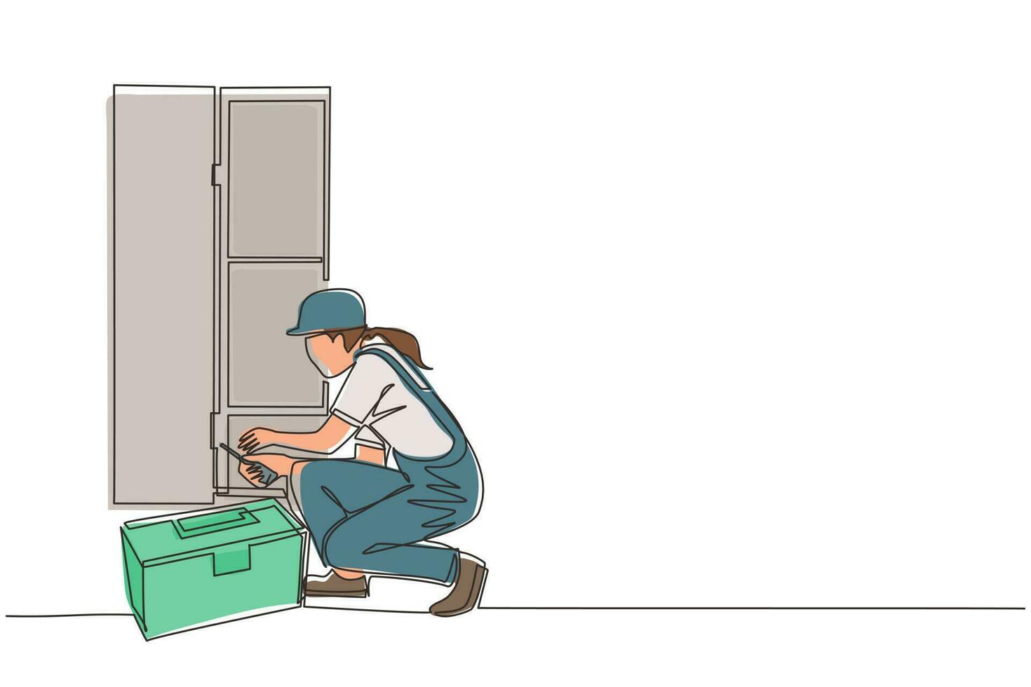 reparación de dibujo de una sola línea, fabricante o construcciones de muebles de madera para el hogar. mujer carpintera está montando armario o armario con estantes. vector gráfico de diseño de dibujo de línea continua moderna