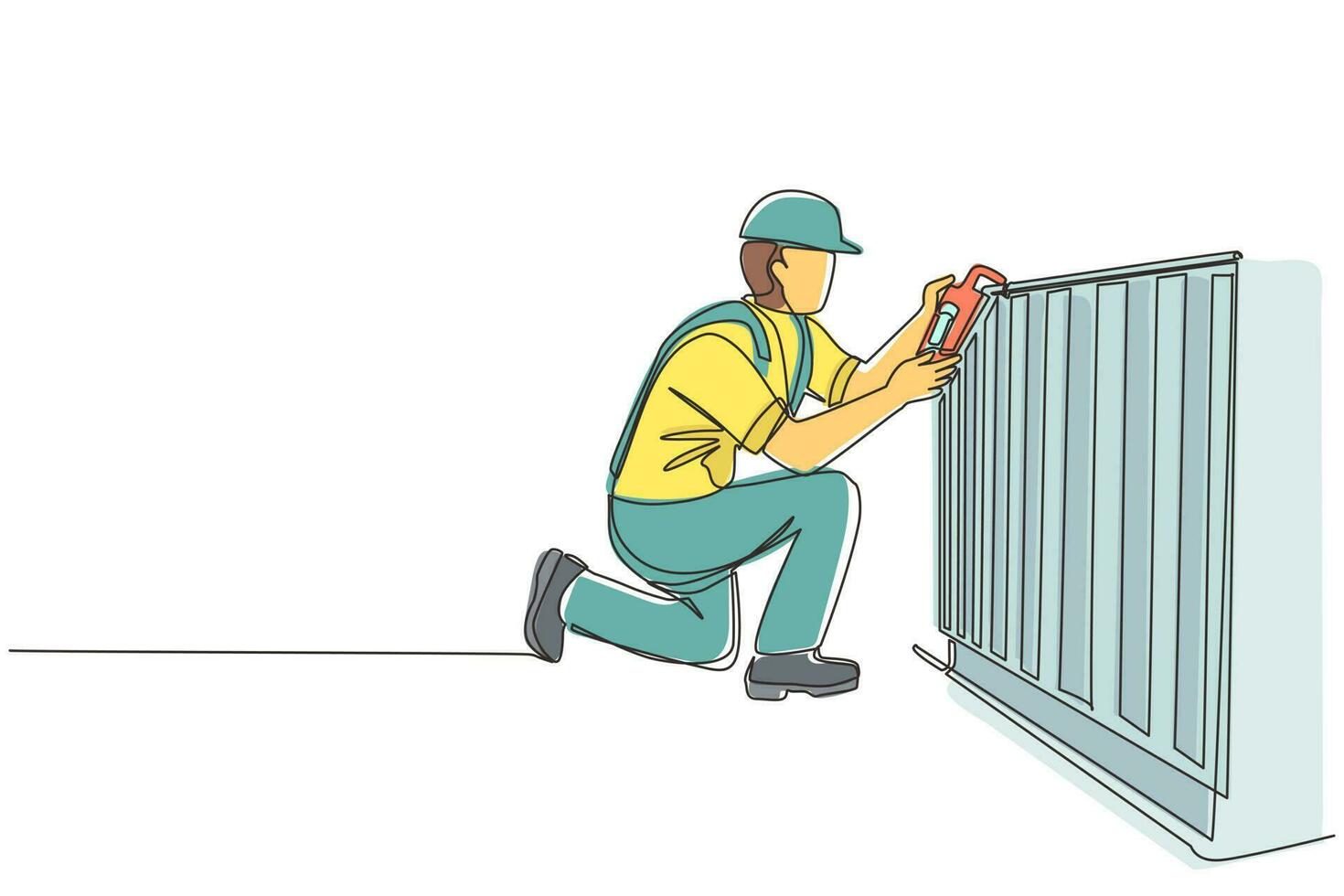 Single continuous line drawing Plumber repair and installation of batteries. Repairman fixing pipes in heater battery radiator. Repair, maintenance professional service. One line draw design vector