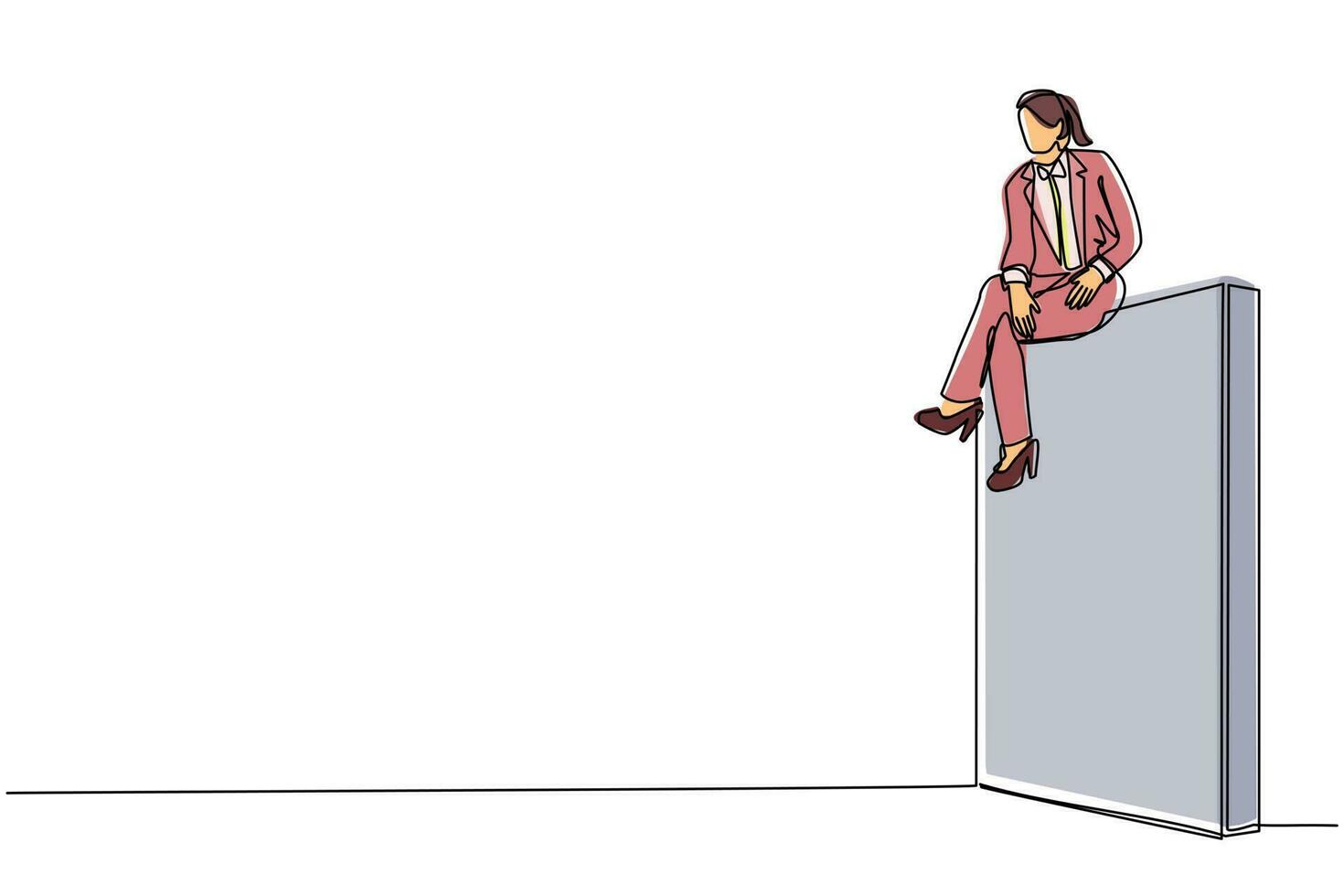 Single one line drawing businesswoman sad sitting on wall thinking of profit loss, crisis and financial losses in the trading market. Evaluation business concept. Continuous line draw design vector