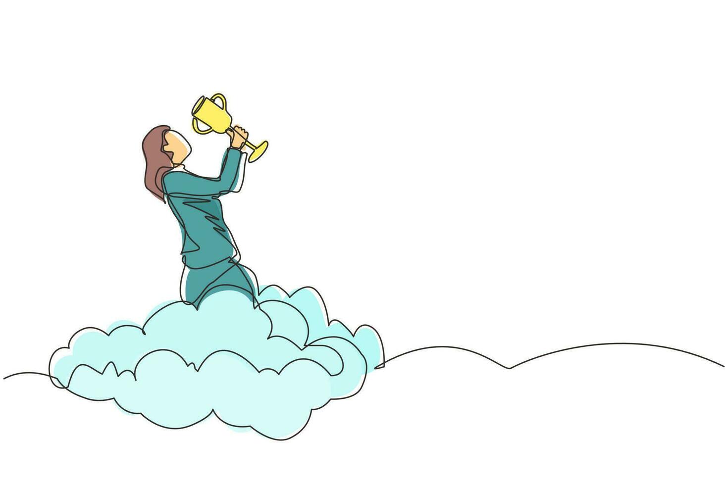 mujer de negocios de dibujo de una sola línea continua sosteniendo un trofeo en la nube. mostrando premio celebrar su victoria en el cielo. logro de objetivos de éxito empresarial. competencia ganadora. vector de diseño gráfico de una línea