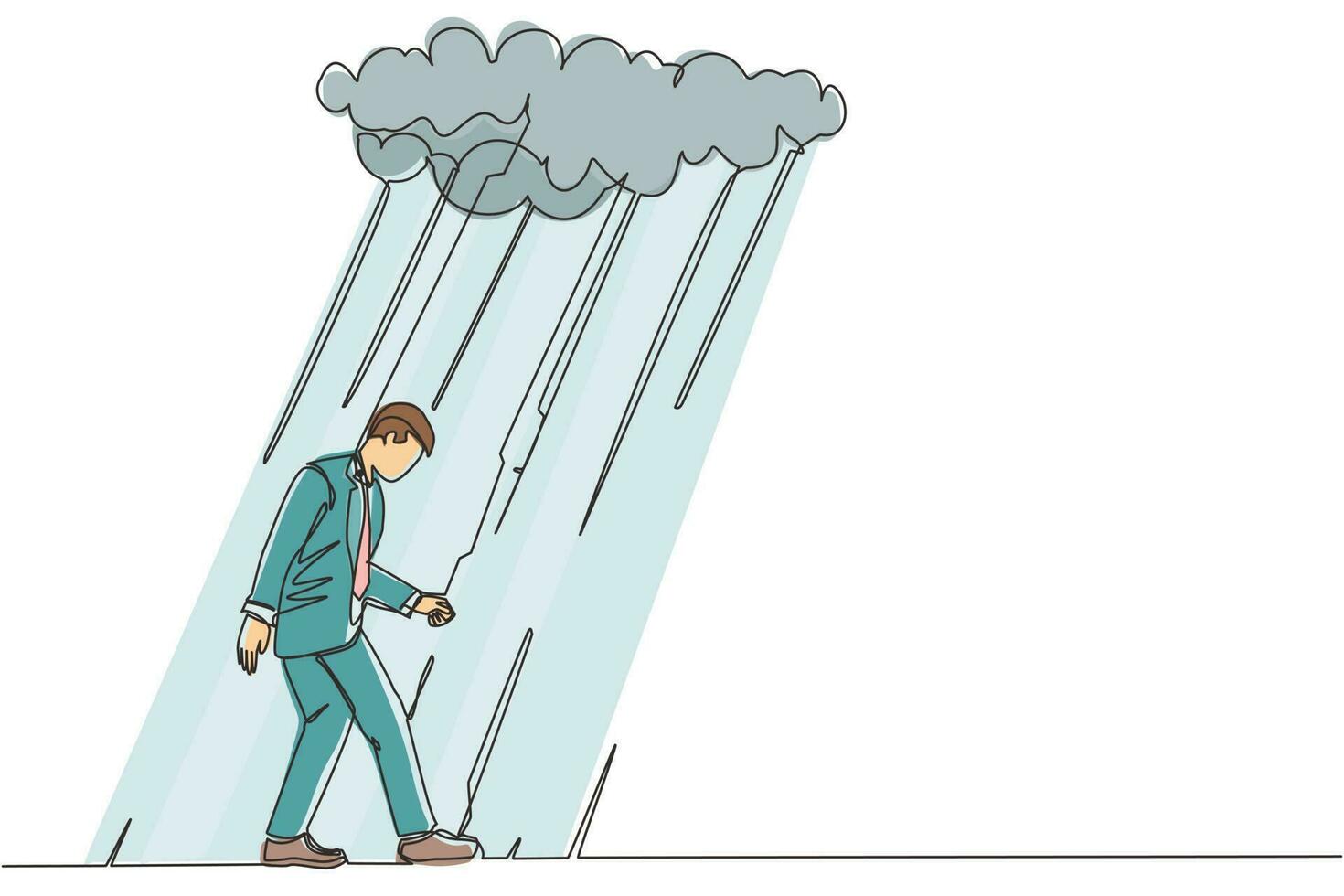 Continuous one line drawing unhappy depressed sad businessman in stress walking under rain cloud. Alone loser male depression. Loneliness in overcast weather. Single line design vector illustration
