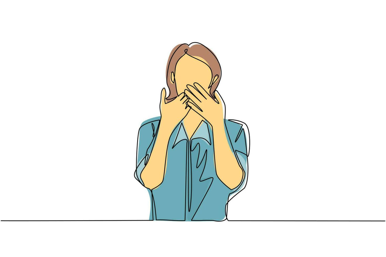 Single one line drawing young woman covering mouth with hands. Female mouth with hand shocked with shame for mistake, expression of fear, scared in silence, secret. Continuous line draw design vector