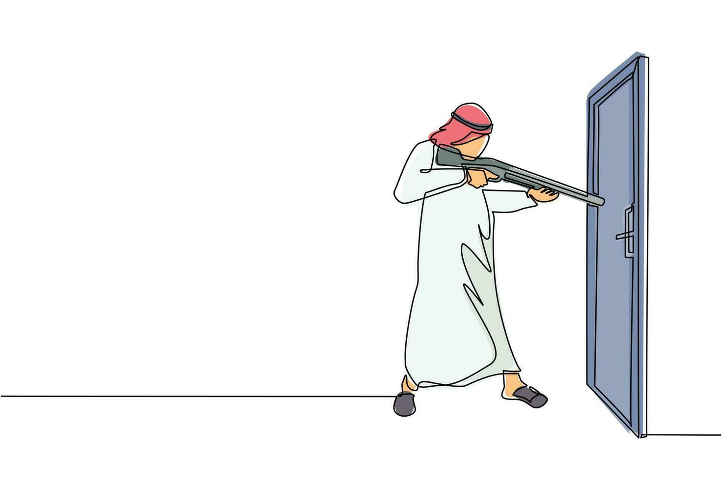 un solo hombre de negocios árabe que dibuja una línea apuntando con una escopeta al pomo de la puerta. lucha de avance empresarial. el poder para triunfar. abrir puerta cerrada. ilustración de vector gráfico de diseño de dibujo de línea continua