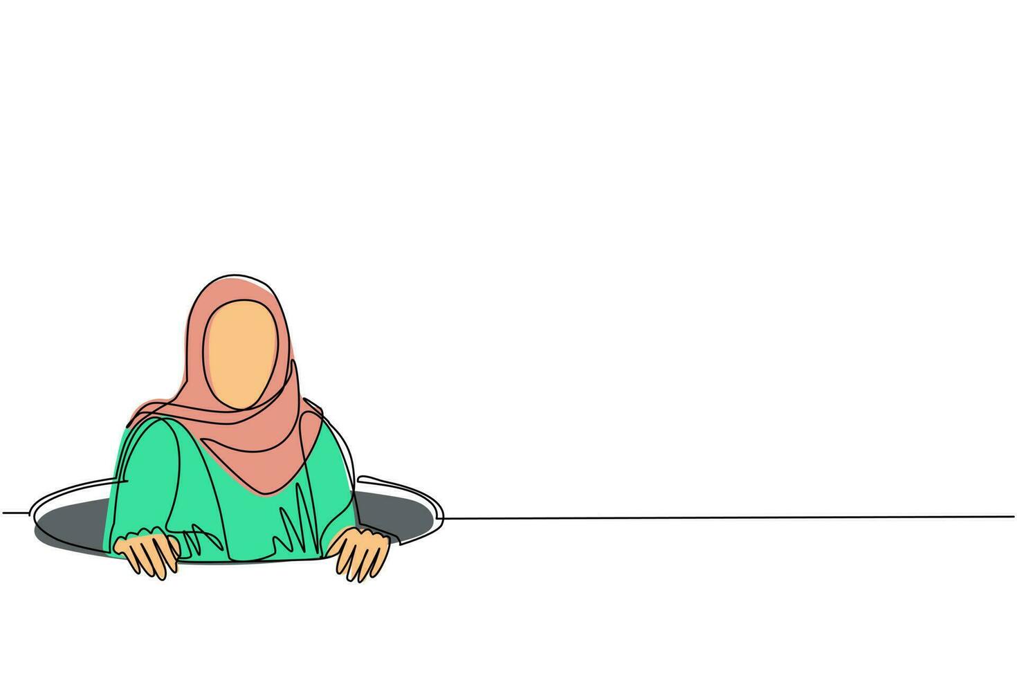 Single one line drawing Arab businesswoman emerges from hole. Concept of failure to take advantage of business opportunities. Depressed and business failure. Continuous line draw design graphic vector