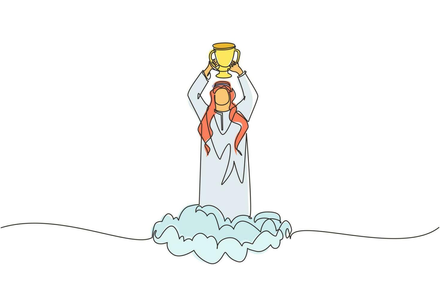 Single one line drawing Arabian businessman holding trophy in cloud. Showing award celebrates his victory in sky. Business success goal achievement. Winning competition. Continuous line design vector
