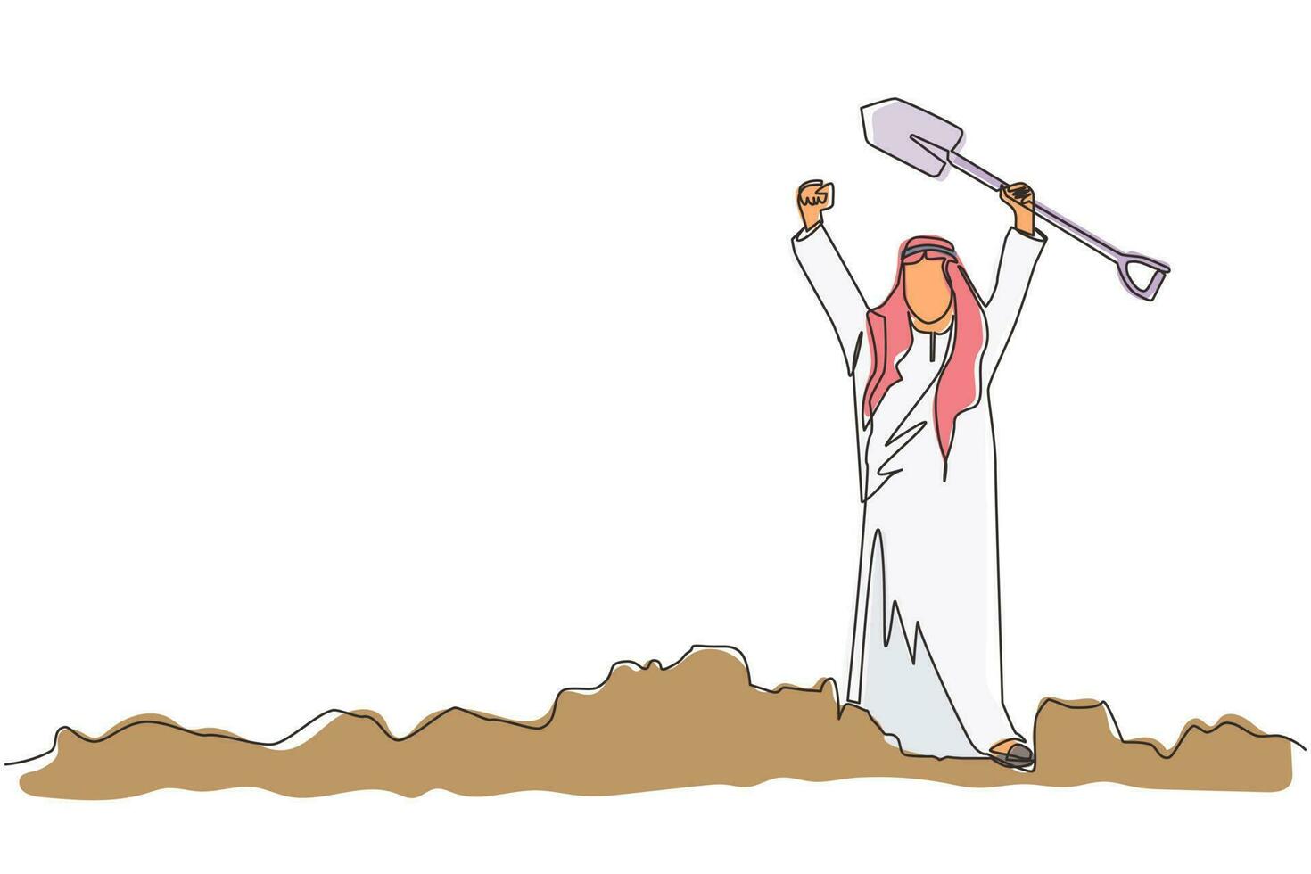 Single one line drawing happy businesswoman standing and holding shovel on dug ground. Woman with excited expression find treasures in dirt. Successful business. Continuous line design graphic vector