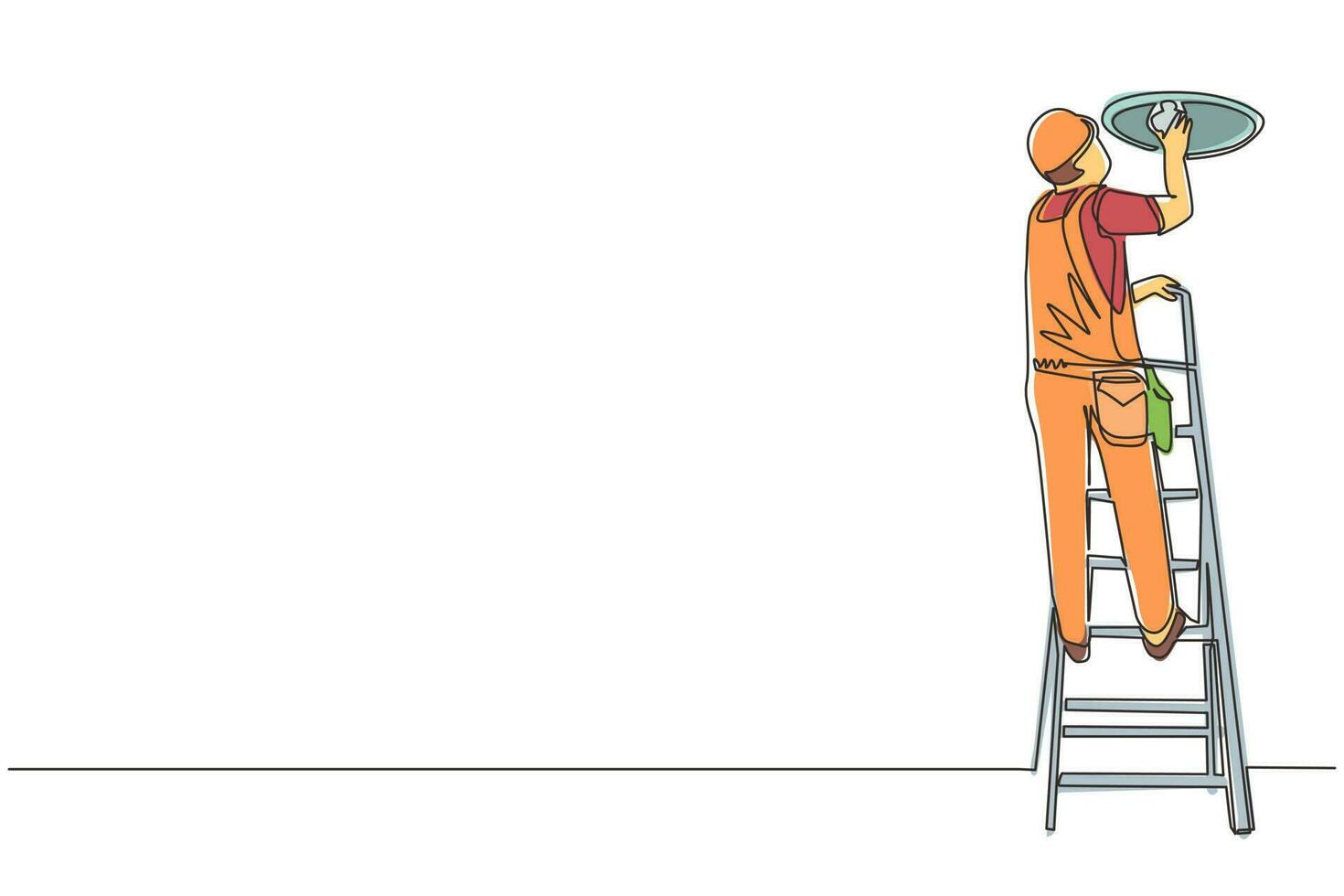 Continuous one line drawing worker electrician on ladder change light bulb. Professional repairman in uniform and helmet working. Idea of electricity. Single line design vector graphic illustration