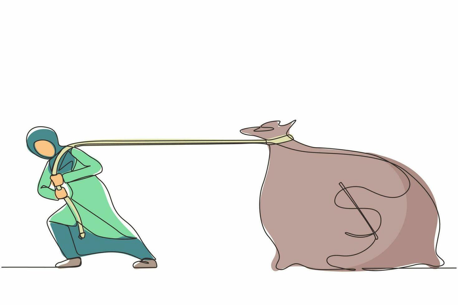 una sola línea continua dibujando a una mujer de negocios árabe tirando de una gran bolsa de dinero. metáfora empresarial. competencia corporativa o concepto de desafío empresarial. ilustración de vector de diseño gráfico de dibujo de una línea
