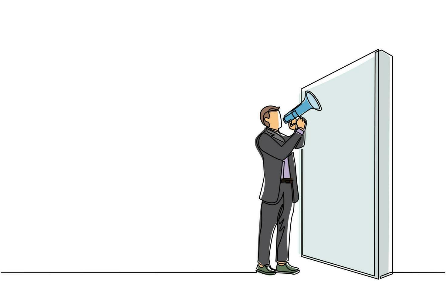 Continuous one line drawing businessman holding megaphone standing in front of wall. Man shouts on megaphone. Leader announces career promotions. Single line draw design vector graphic illustration