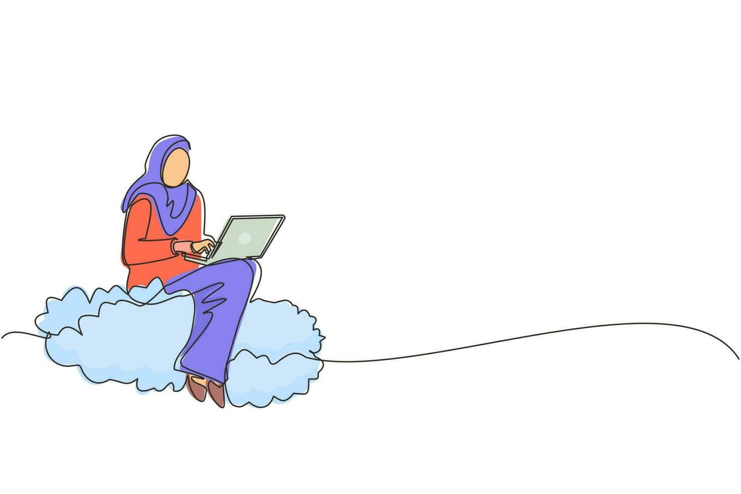 Single one line drawing Arab businesswoman sitting on cloud in sky and working with laptop. Wireless connection. Social networking, chatting using cloud storage. Continuous line design graphic vector