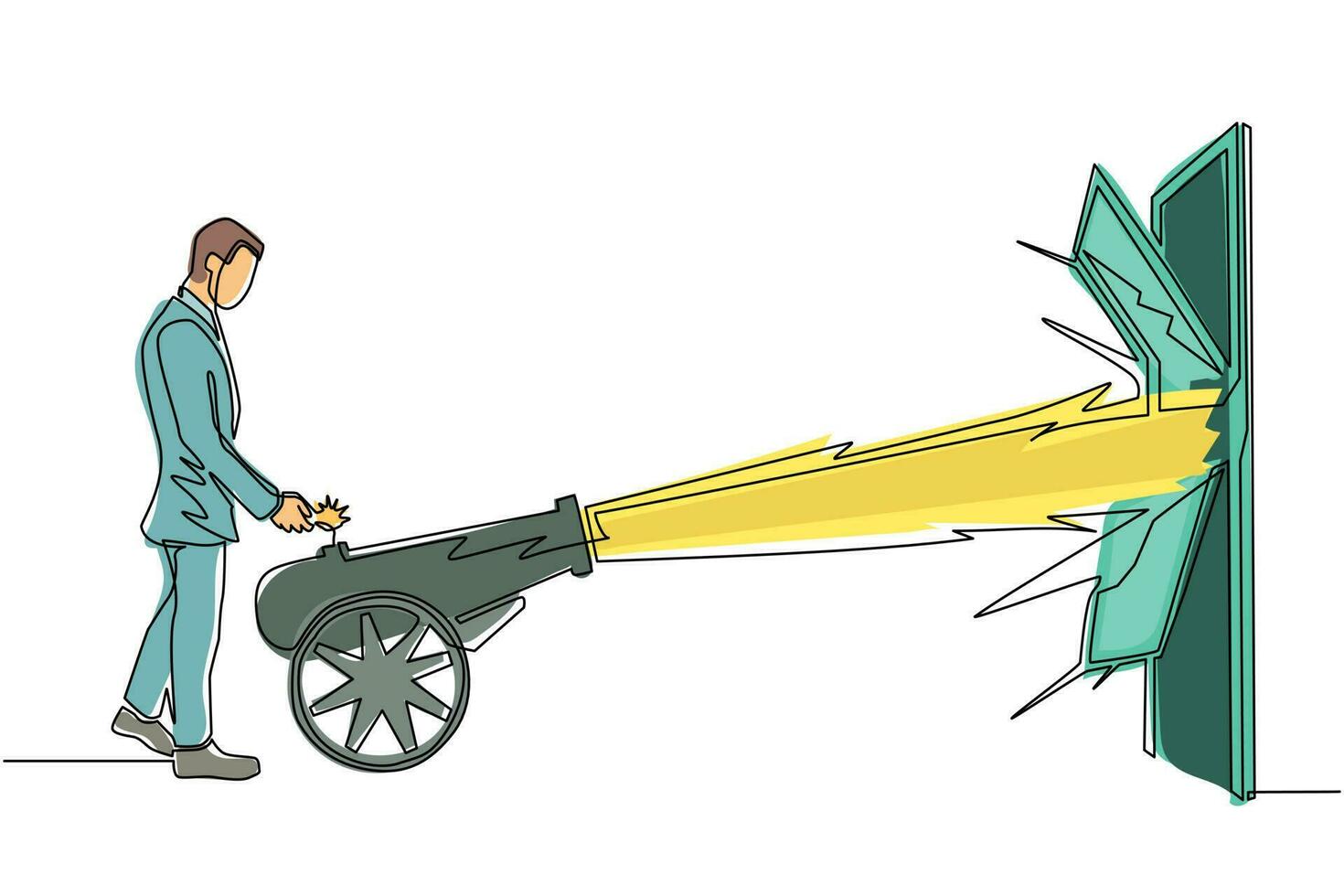 Single one line drawing businessman ignites cannon in front of door and destroying door. Eliminating barrier of entries, destroying obstacles with brute force. Continuous line design graphic vector