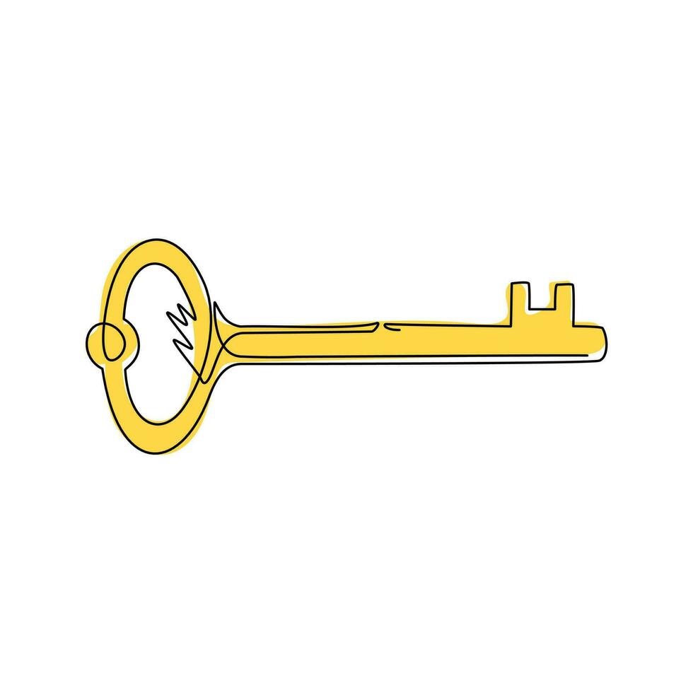 Single one line drawing vintage turnkey key isolated. Logo, sign symbolized kept secret. Personal data protection, antivirus internet security. Continuous line draw design graphic vector illustration