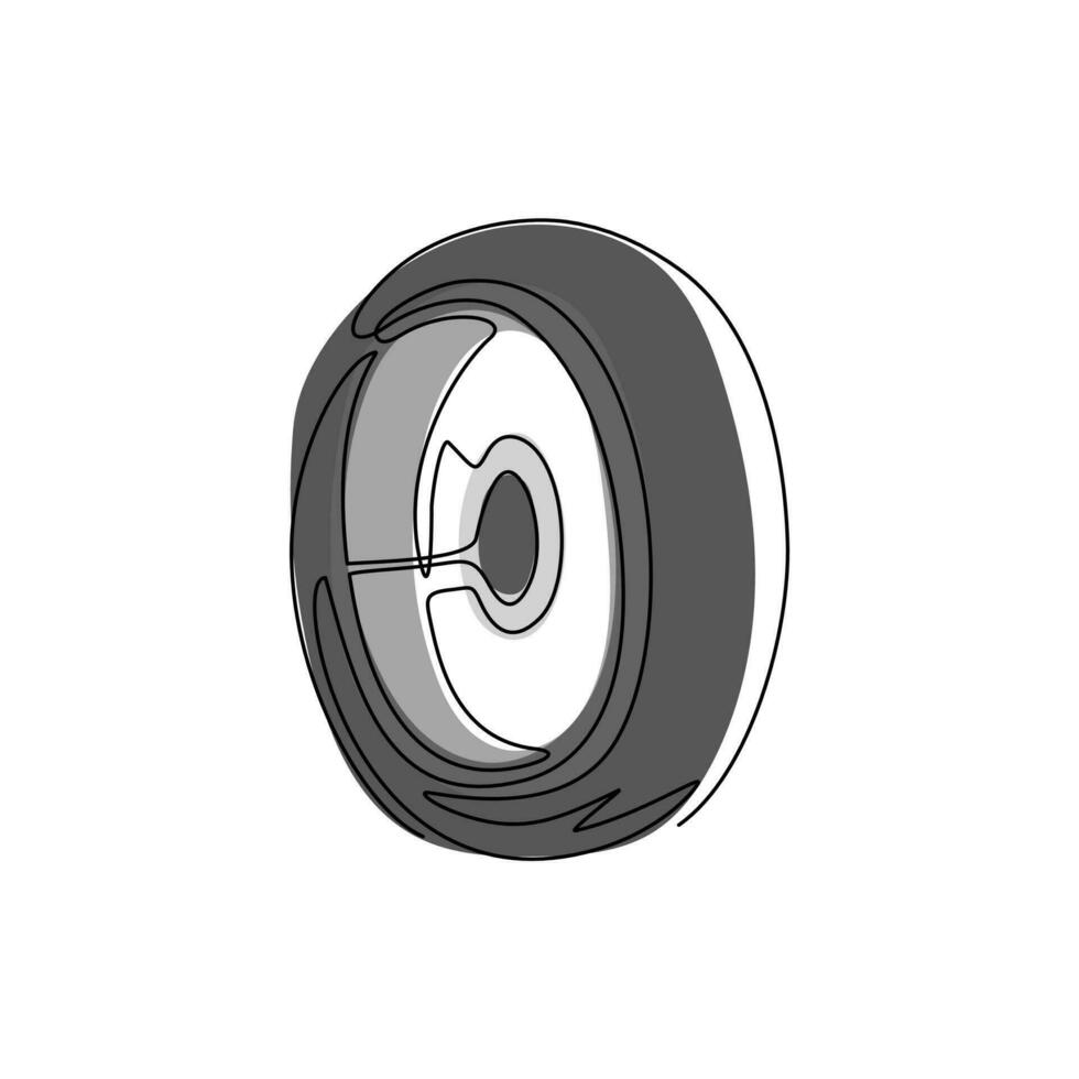 Neumáticos de coche de dibujo continuo de una línea con llanta de aleación, servicio de montaje de neumáticos y afiche publicitario de venta. neumático de rueda de coche de disco plano aislado. ilustración gráfica de vector de diseño de dibujo de una sola línea