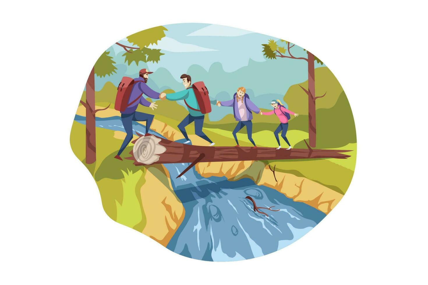 Travelling team, teamwork, tourism, nature, hiking concept vector