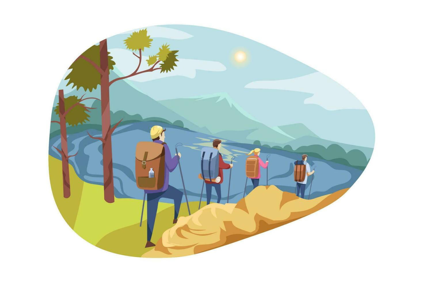 Travelling team, tourism, nature, hiking concept vector