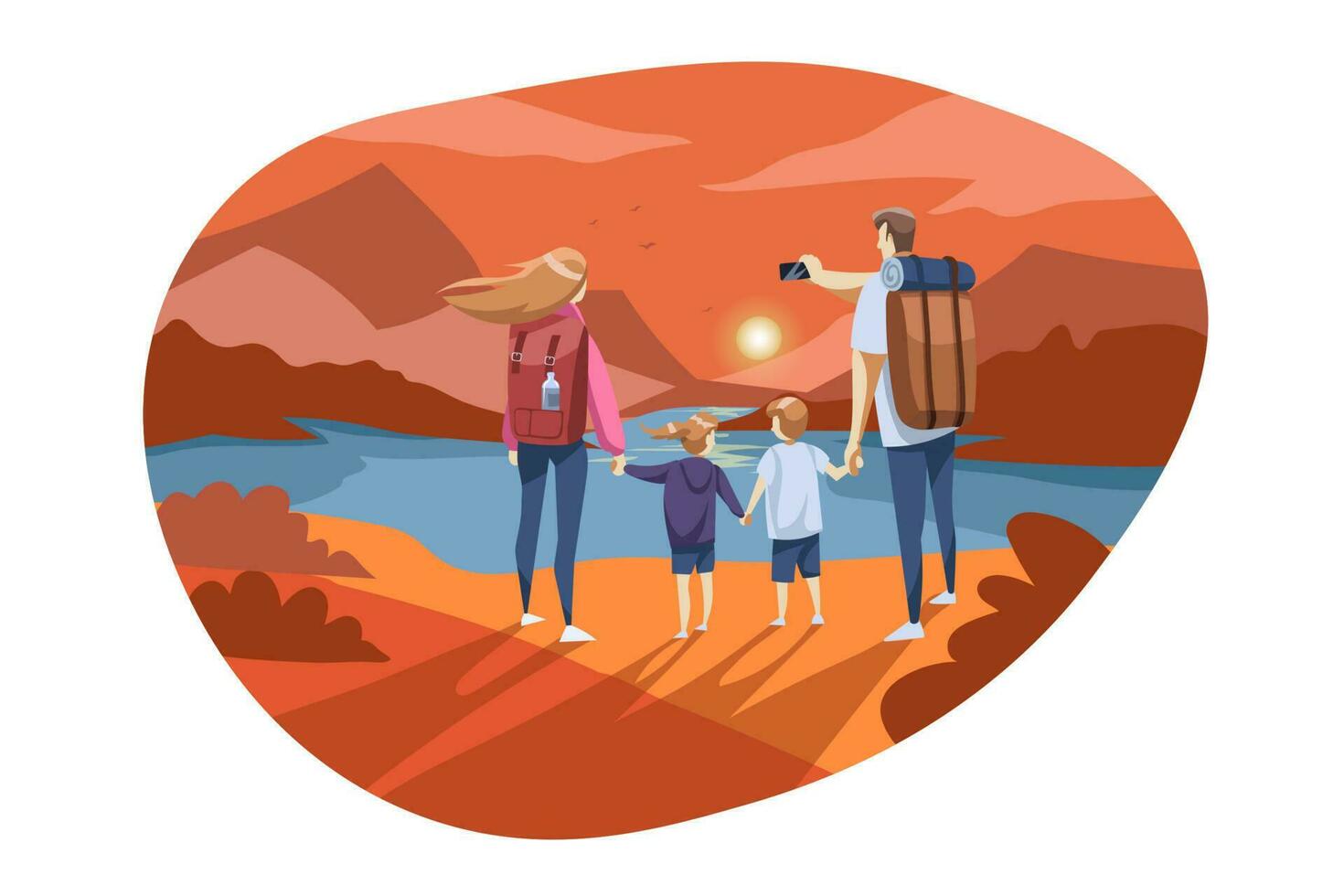 Travelling, family tourism, nature, hiking concept vector