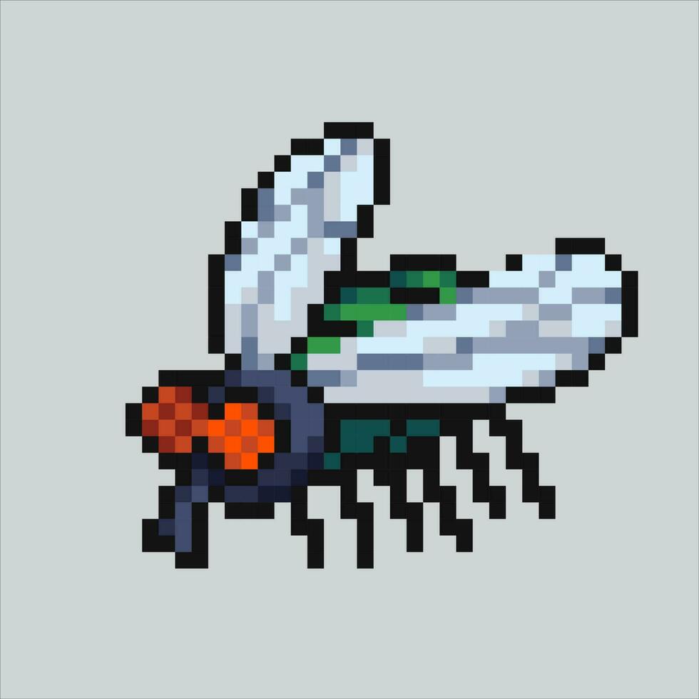 píxel Arte volar. casa mosca insecto pixelado diseño para logo, web, móvil aplicación, insignias y parches vídeo juego duende. 8 bits. aislado vector ilustración.