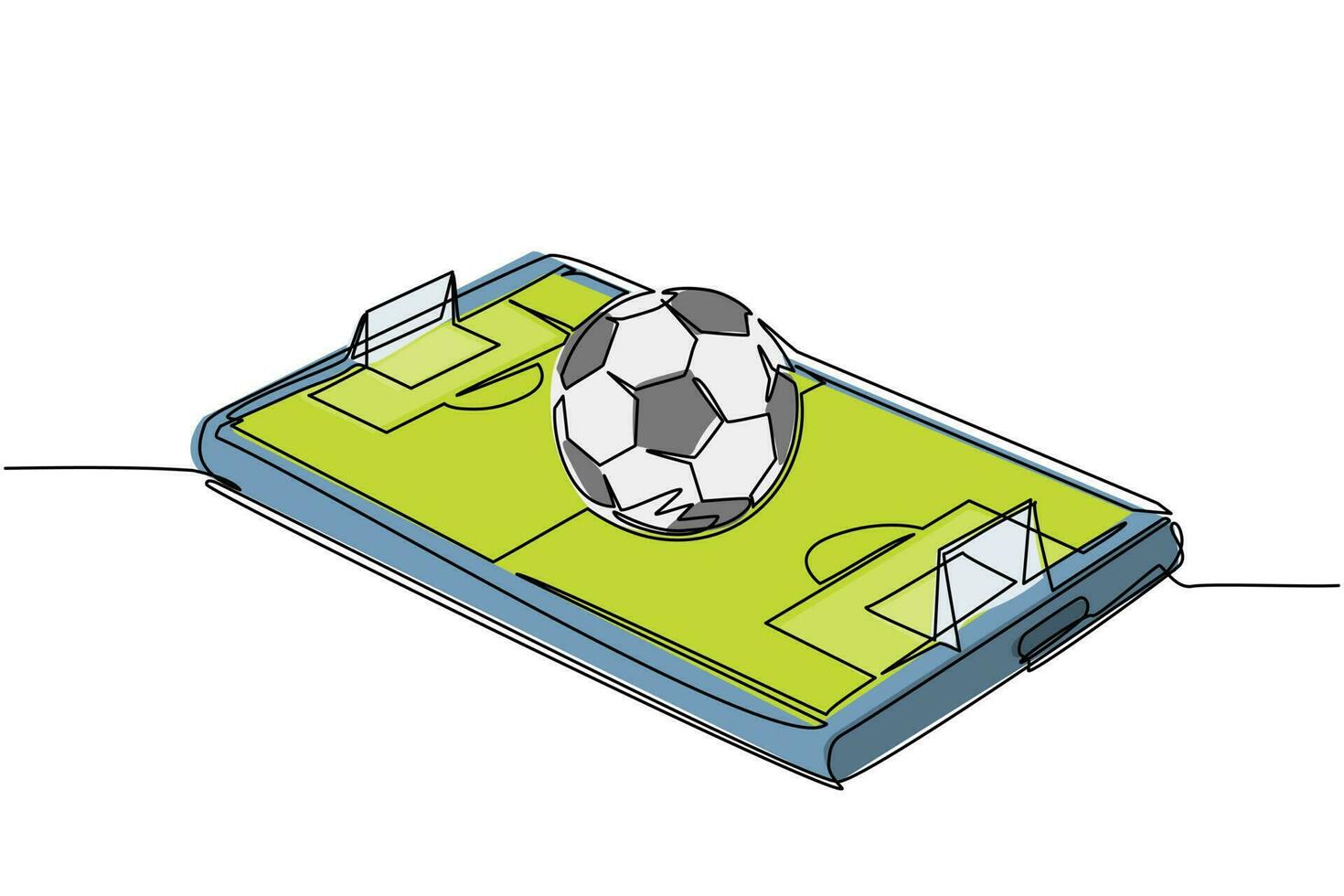 una sola línea continua dibujando un balón de fútbol sobre la pantalla del teléfono inteligente del campo de fútbol virtual. teléfono inteligente con aplicación de fútbol soccer. campeonato de transmisión de deportes móviles para jugar. vector de diseño de dibujo de una línea