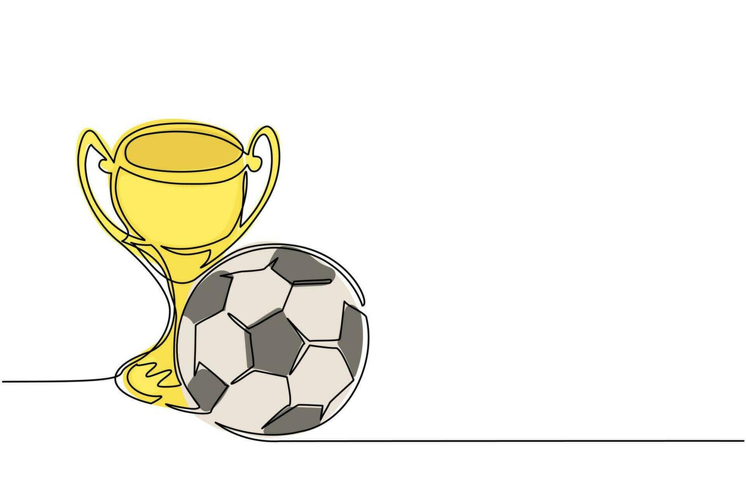 Continuous one line drawing trophy and football ball. Champion cup icon with soccer ball. Championship trophy. Sport tournament award, winner cup and victory concept. Single line draw design vector