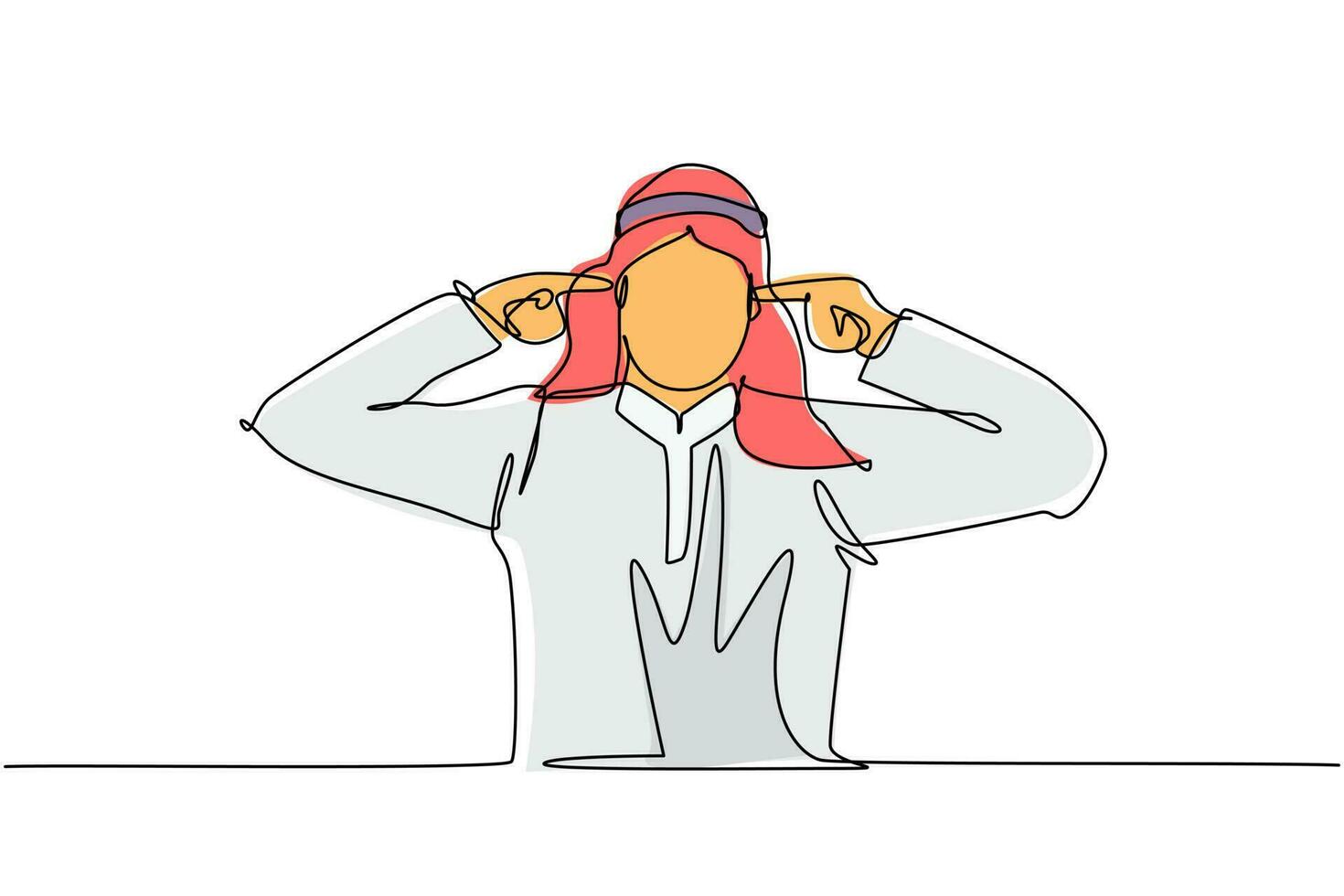 Single one line drawing young Arabian man covering ears with fingers with annoyed expression for noise of loud sound or music while eyes closed. Continuous line draw design graphic vector illustration