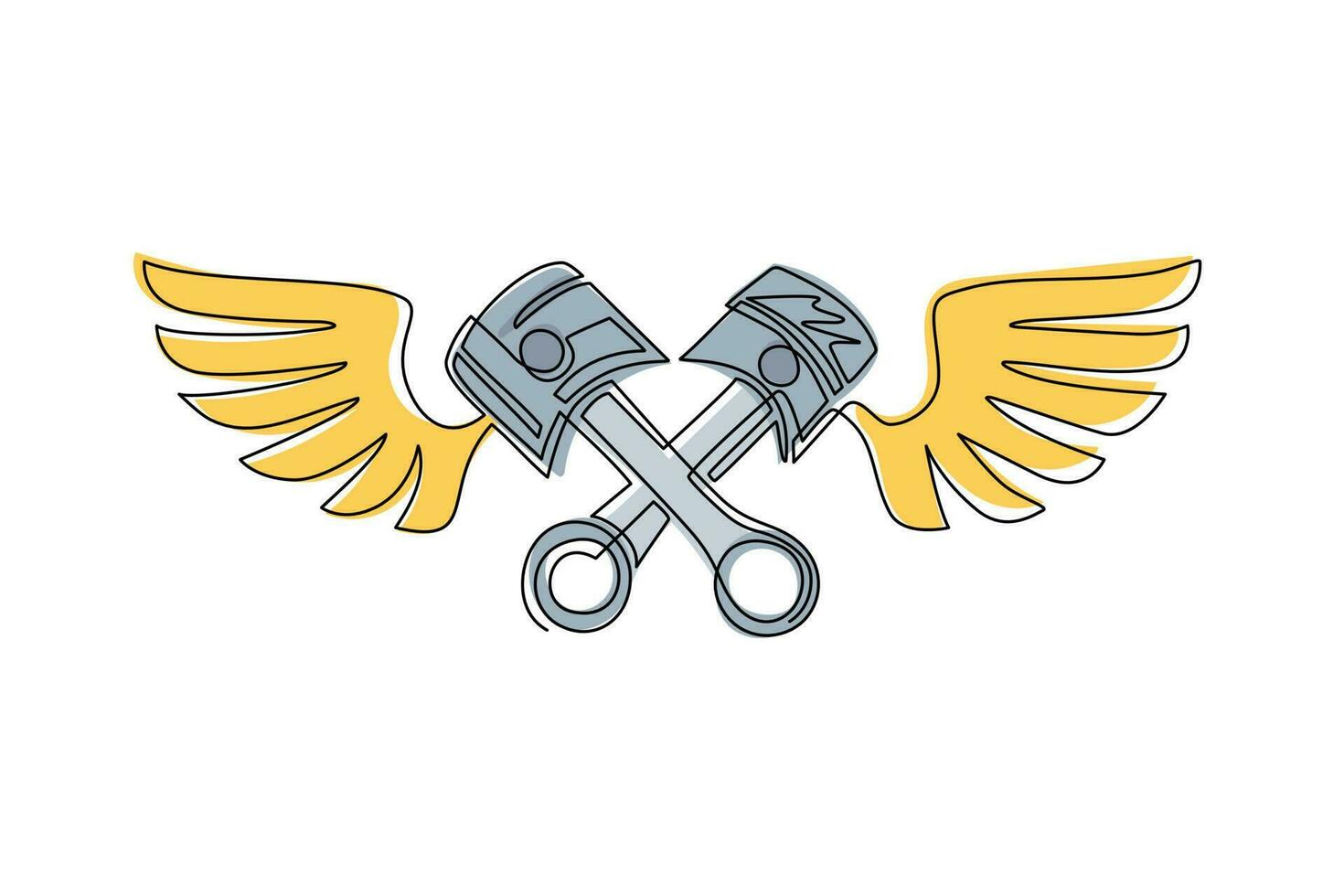 Single continuous line drawing two crossed piston with wings icon. Advertises repair services. Automotive and motorcycle workshop symbol logo. Dynamic one line draw graphic design vector illustration