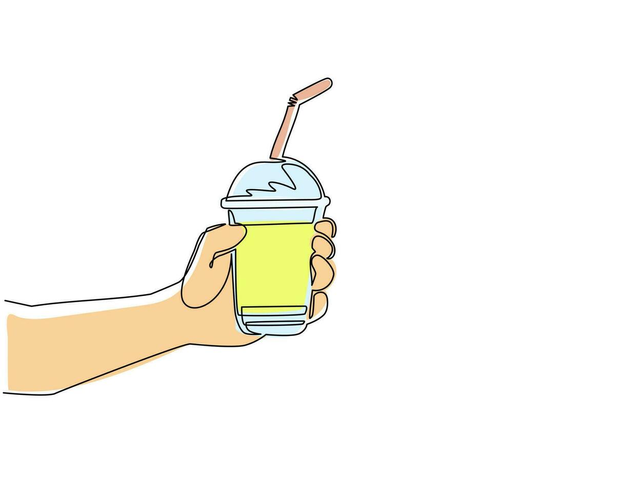 Continuous one line drawing hand holding bubble tea cup. Boba tea, sweet Taiwanese drink popular in Asia. Flat cartoon style, elements are isolated. Single line draw design vector graphic illustration