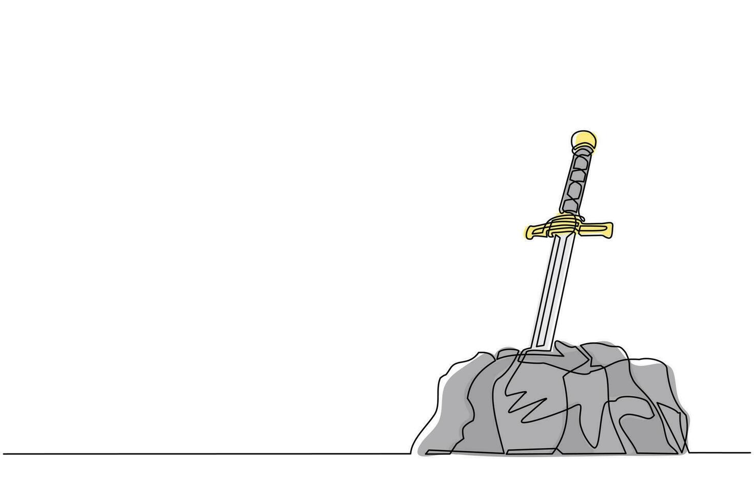 Continuous one line drawing Excalibur sword stuck or trapped in stone. Iconic scene from medieval European stories about King Arthur. Antique blade stuck in stone rock. Single line draw design vector