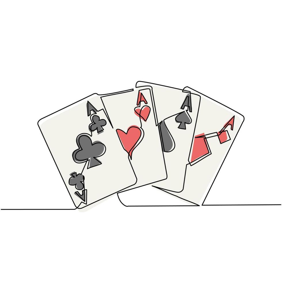 Single one line drawing set of four aces playing cards suits. Winning poker hand. Set of hearts, spades, clubs, diamonds ace. Card games. Modern continuous line draw design graphic vector illustration