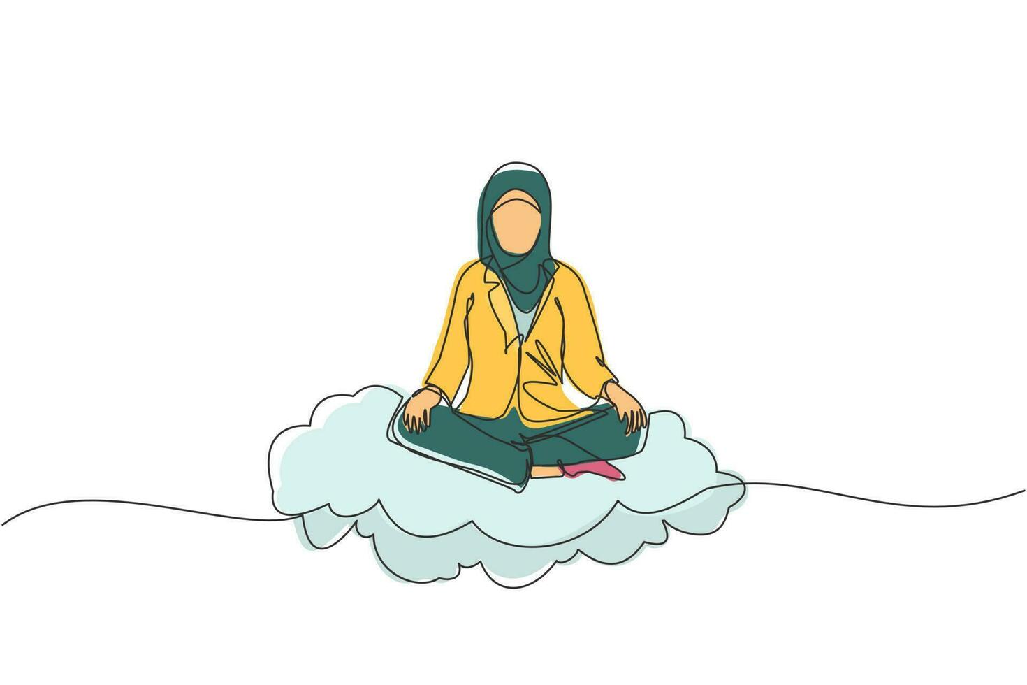 Continuous one line drawing Arabian businesswoman relaxes, meditates in lotus position on clouds. Cute woman relaxing with yoga or meditation pose. Single line draw design vector graphic illustration