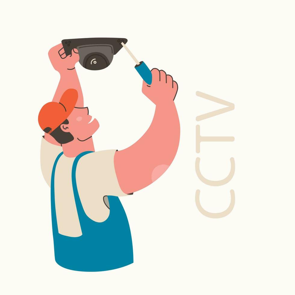 Installing CCTV. Technical worker installs a video camera. Security camera. Vector flat isolated illustration.