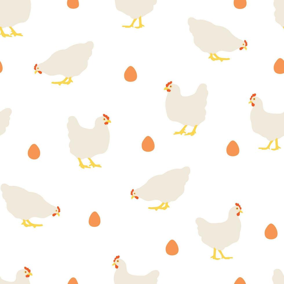 Seamless pattern with hens and eggs on white background. White chickens repeating print. vector