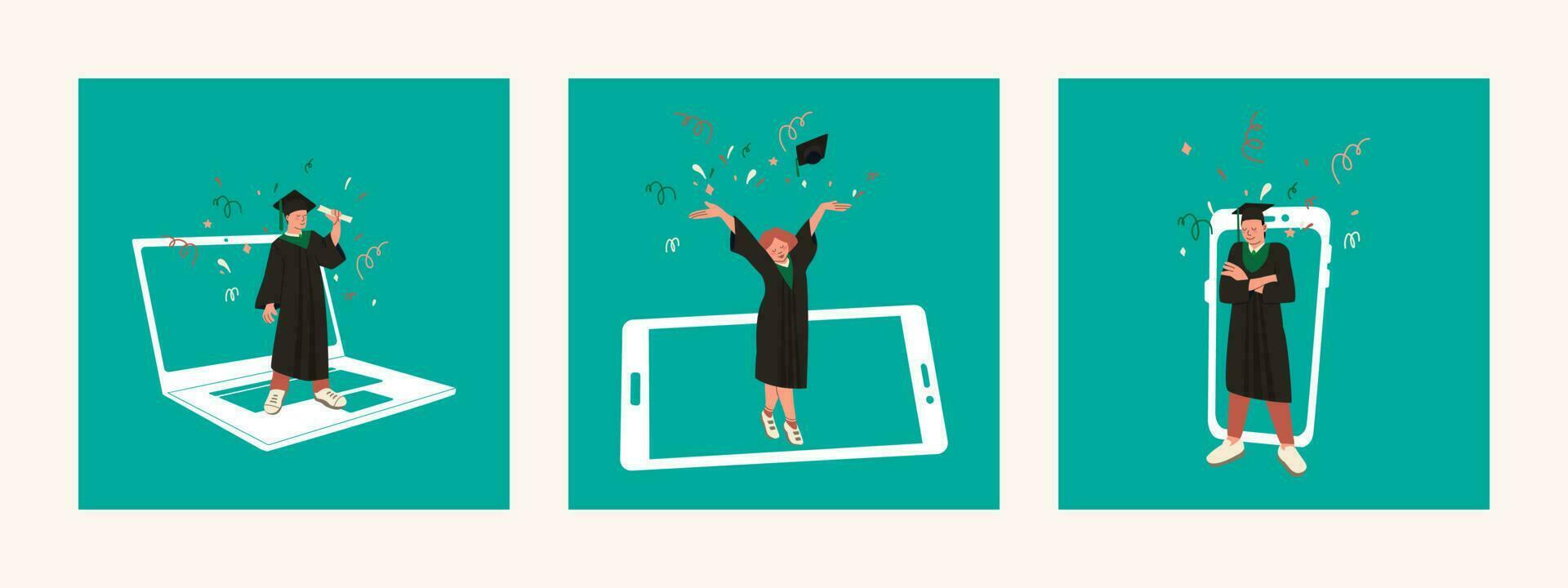 Online education. Graduation in a virtual school. Happy students on the background of gadgets, laptop, smartphone, tablet. Flat vector illustration.