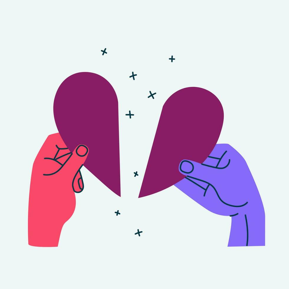 Two different colored hands are holding torn halves of heart. Flat vector illustration.