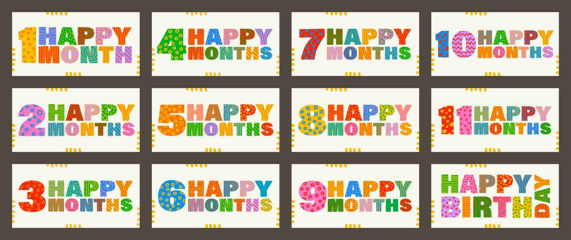 Happy first month, 1, 2, 3, 4, 5, 6, 7, 8, 9, 10, 11. Handwritten greeting lettering. Happy birthday, kids multicolor lettering. Vector, set of greeting cards for a child under one year old. vector