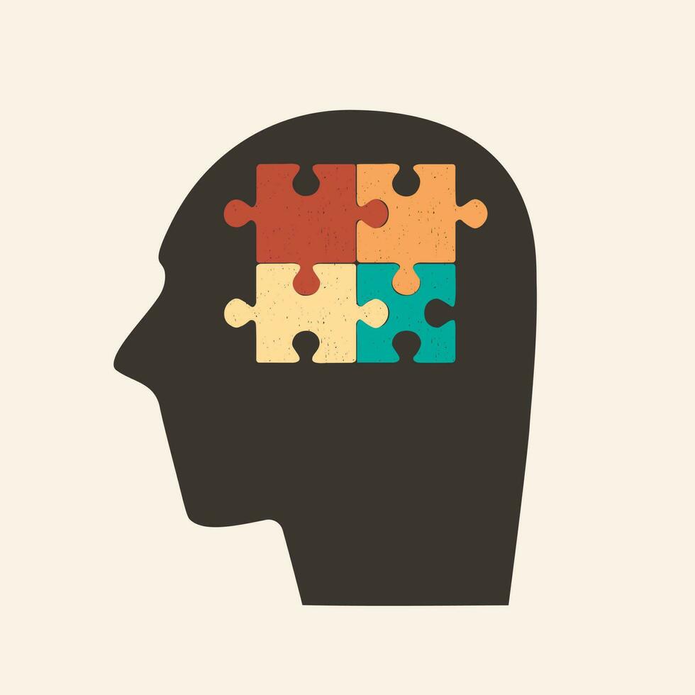 Mental health concept. Human head with puzzle pieces inside. Vector hand drawing illustration for design.