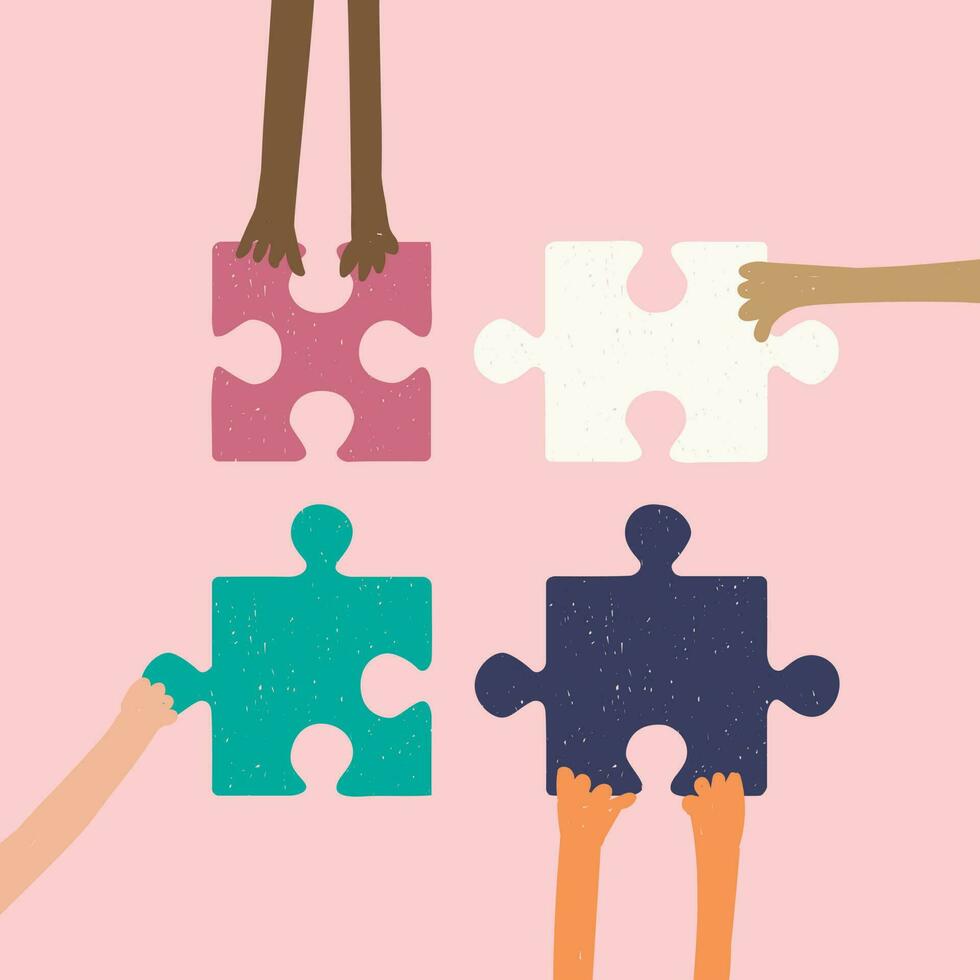 Hands hold puzzle pieces. Vector hand drawn illustration for design. Teamwork concept.