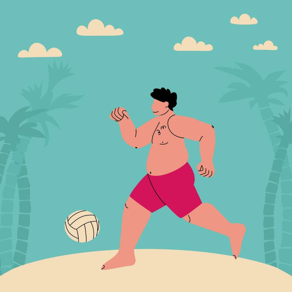 Plump man in swimming trunks plays a ball. Beach football. Funny flat vector illustration. Fat man on the beach with palms and clouds. Sport of big people.