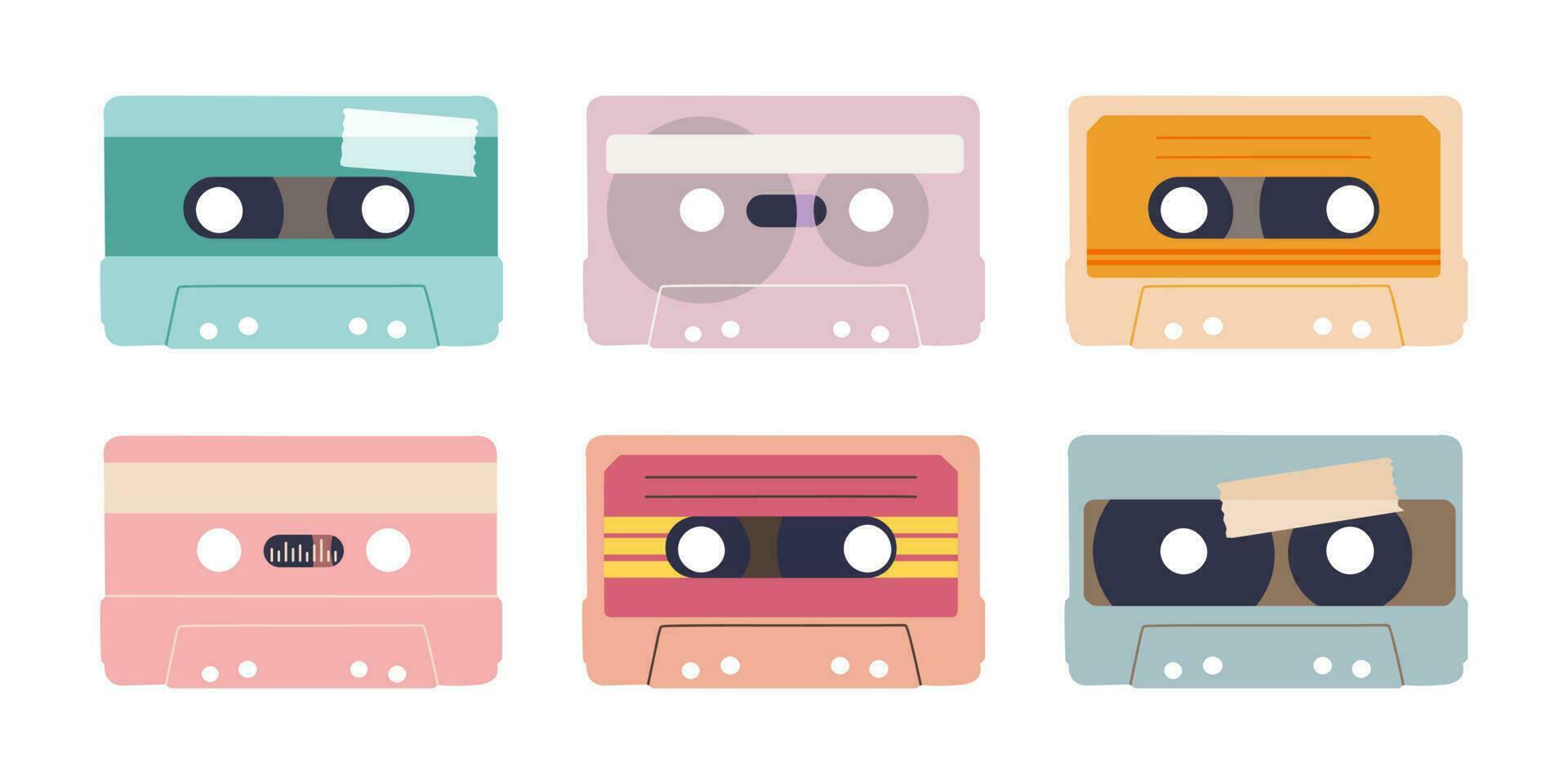 Various audio tapes. Isolated illustration of audio cassettes. Set of vector elements for retro design.